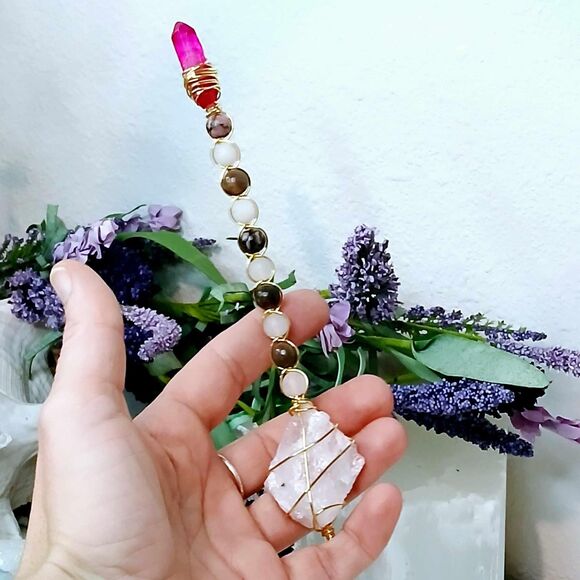Pink Crystal Wand, Magic Wand, Alter Tool, Beaded Wire Wrapped, 7.5" - Picture 6 of 6